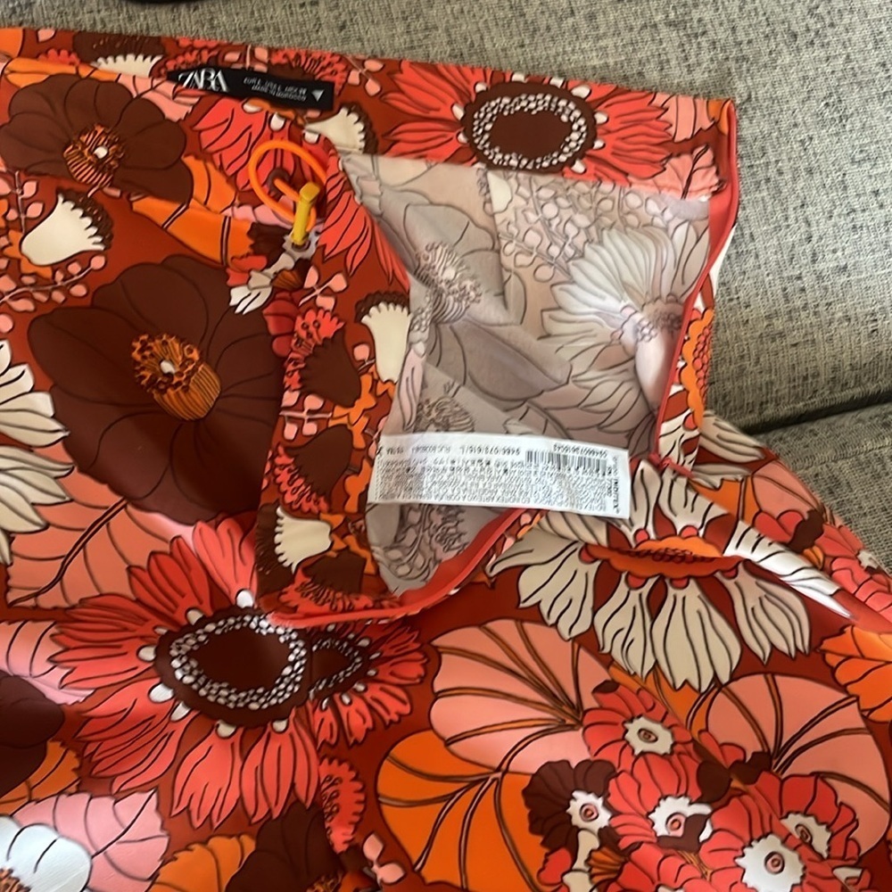 Zara Women's High Rise Orange & White Floral Retro Hippie Flare Pants Size L - Picture 11 of 11